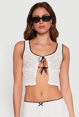 Womens Haute Monde Contrast Trim Tie Front Lace Crop Top, White, Size S