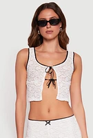 Womens Haute Monde Contrast Trim Tie Front Lace Crop Top, White, Size S