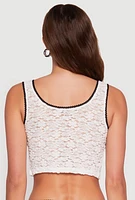 Womens Haute Monde Contrast Trim Tie Front Lace Crop Top, White, Size S