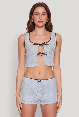 Womens Haute Monde Contrast Trim Tie Front Lace Crop Top, M