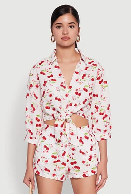 Womens Haute Monde Cherry Print Tie Front Crop Top, Multi, Size M