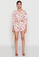 Womens Haute Monde Cherry Print Tie Front Crop Top, Multi, Size M
