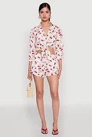 Womens Haute Monde Cherry Print Tie Front Crop Top, Multi, Size M