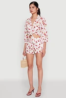 Womens Haute Monde Cherry Print Tie Front Crop Top, Multi, Size M