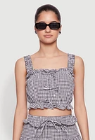 Womens Iris Gingham Square Neck Crop Top with Bows and Ruffles, Multi,