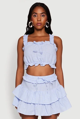 Womens Iris Gingham Square Neck Crop Top with Bows and Ruffles,