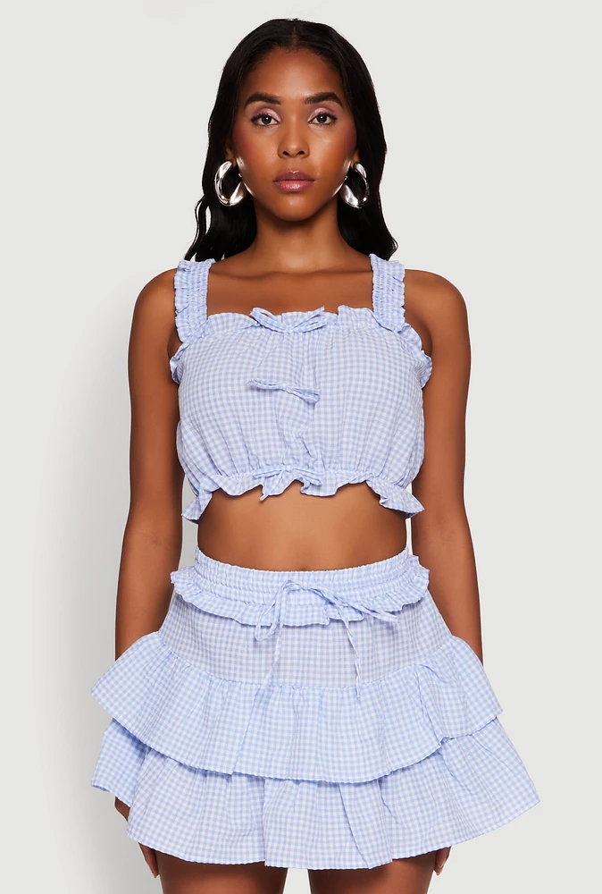 Womens Iris Gingham Square Neck Crop Top with Bows and Ruffles, Blue, Size M