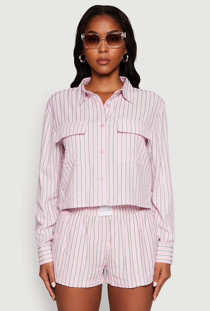 Womens Iris Classic Fit Textured Knit Shirt with Flap Pocket, Pink, Size L