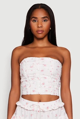 Womens Iris Floral Print Lace Detail Cropped Tube Top, White, Size S