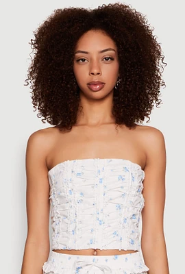 Womens Iris Floral Print Lace Detail Cropped Tube Top, White, Size S
