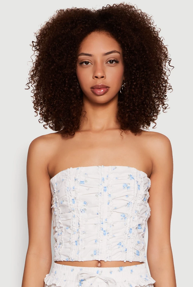 Womens Iris Floral Print Lace Detail Cropped Tube Top, White,