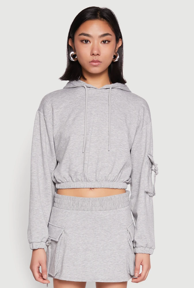 Womens Iris Fleece Cargo Pocket Pullover Hoodie, Grey, Size L