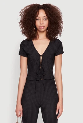 Womens Iris Textured Knit Tie Front Top, Black, Size L