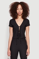 Womens Iris Textured Knit Tie Front Top, Black, Size L