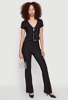 Womens Iris Textured Knit Tie Front Top, Black, Size L