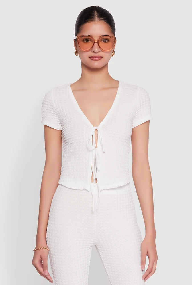 Womens Iris Textured Knit Tie Front Top, White,
