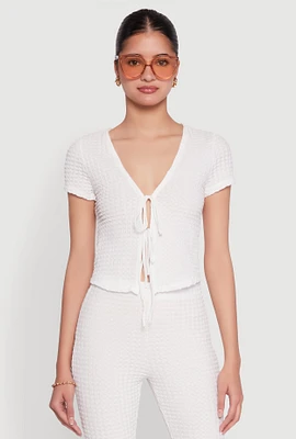 Womens Iris Textured Knit Tie Front Top, White,