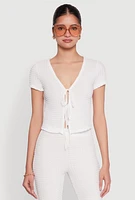 Womens Iris Textured Knit Tie Front Top, White,