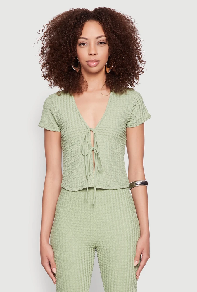 Womens Iris Textured Knit Tie Front Top, Green, Size M