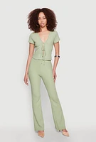 Womens Iris Textured Knit Tie Front Top, Green, Size M