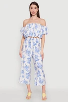 Womens Floral Print Smocked Waist Capris Pants, Multi, Size L