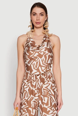 Womens Iris Printed Pattern Cowl Neck Crop Top, Brown, Size L