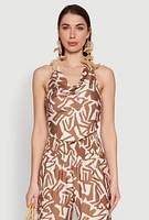 Womens Iris Printed Pattern Cowl Neck Crop Top, Brown, Size L