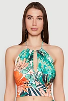 Womens Tropical Print Keyhole Cropped Halter Top, Green, Size M