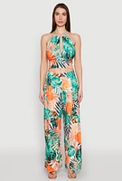 Womens Tropical Print Keyhole Cropped Halter Top, Green, Size M