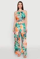 Womens Tropical Print Keyhole Cropped Halter Top, Green, Size M