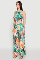 Womens Tropical Print Keyhole Cropped Halter Top, Green, Size M