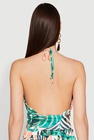 Womens Tropical Print Keyhole Cropped Halter Top, Green, Size M