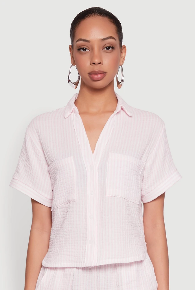 Womens Gauze Knit Striped Shirt, Pink, Size M