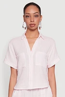 Womens Gauze Knit Striped Shirt, Pink, Size M