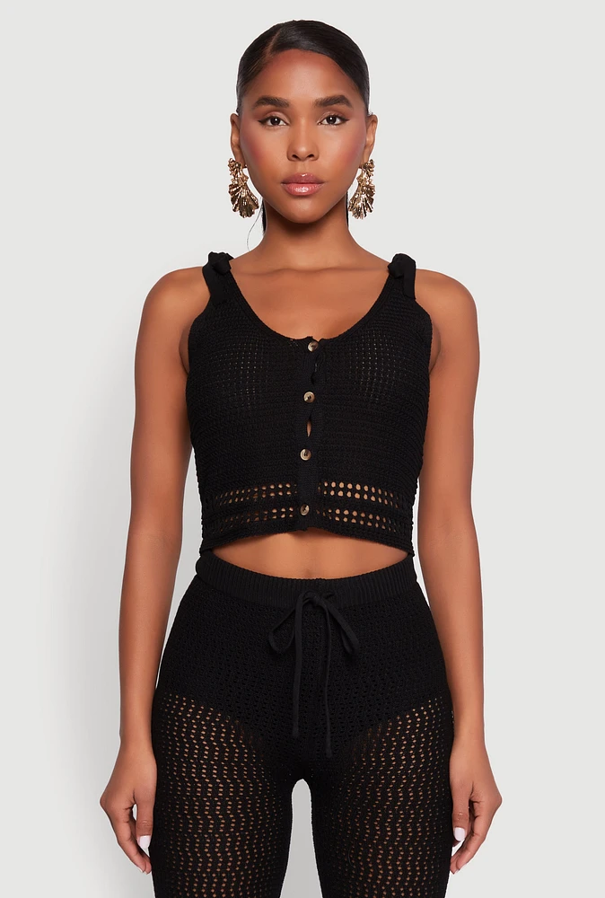 Womens Crochet Tie Sleeve Crop Top, Black, Size L