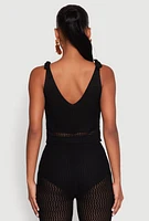 Womens Crochet Tie Sleeve Crop Top, Black, Size L