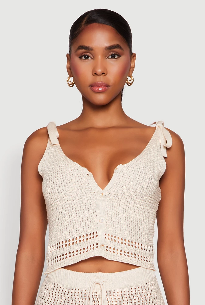 Womens Crochet Tie Sleeve Crop Top, Beige, Size L