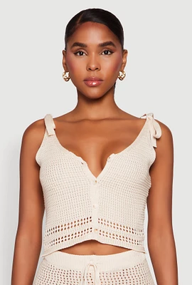 Womens Crochet Tie Sleeve Crop Top, Beige, Size L