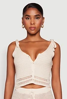 Womens Crochet Tie Sleeve Crop Top, Beige, Size L