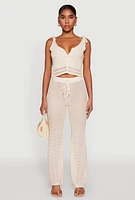 Womens Crochet Tie Sleeve Crop Top, Beige, Size L