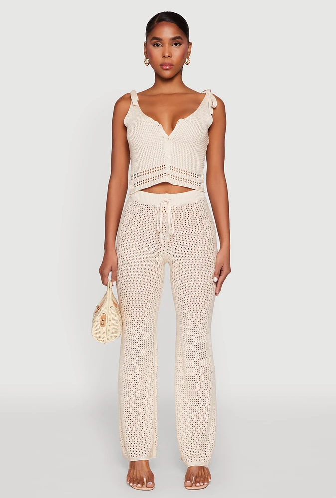 Womens Crochet Tie Sleeve Crop Top, Beige, Size M