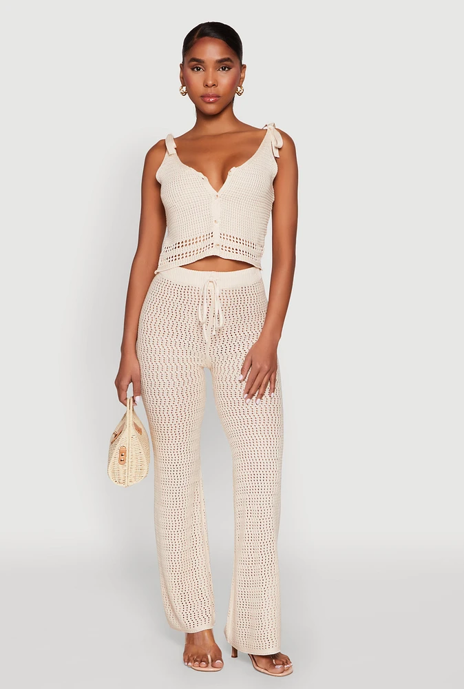 Womens Crochet Tie Sleeve Crop Top, Beige, Size M