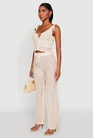 Womens Crochet Tie Sleeve Crop Top, Beige, Size L