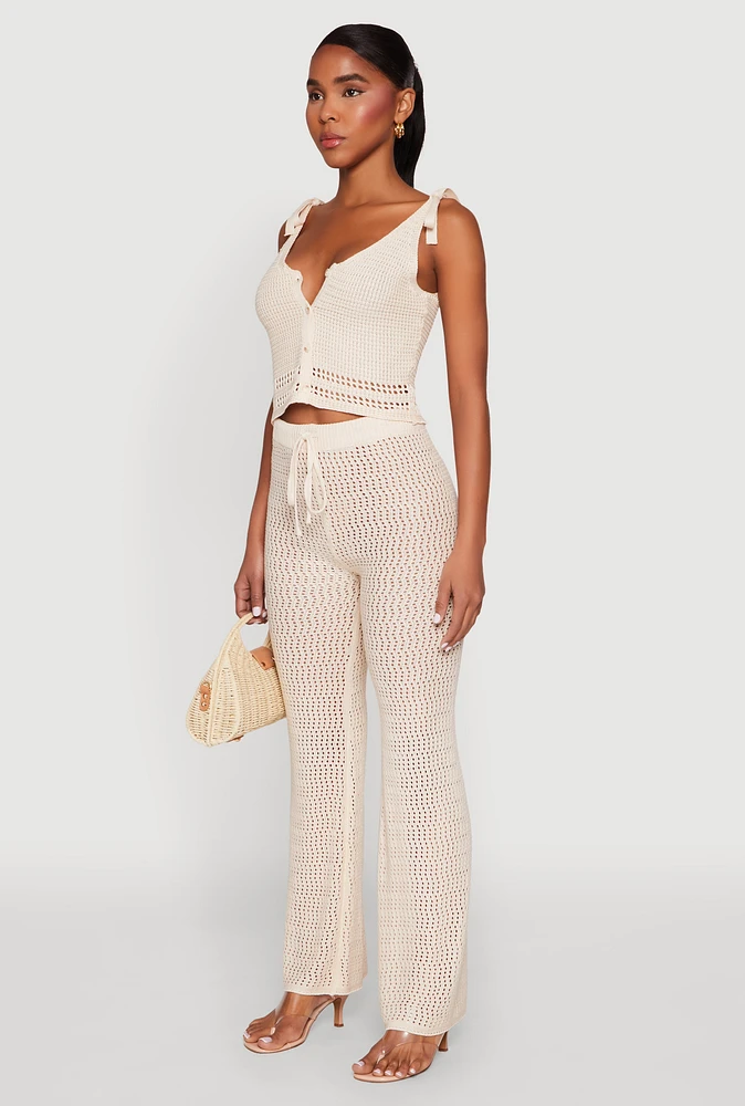 Womens Crochet Tie Sleeve Crop Top, Beige, Size M