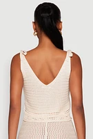 Womens Crochet Tie Sleeve Crop Top, Beige, Size L