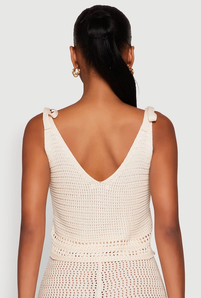 Womens Crochet Tie Sleeve Crop Top, Beige, Size M