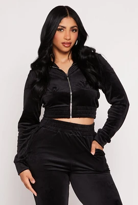 Womens Iris Velour Zip Front Cropped Hoodie, Black, Size M