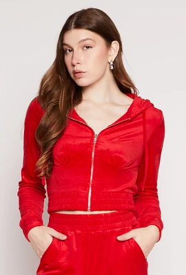 Womens Iris Velour Zip Front Cropped Hoodie, Red,