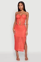 Womens Textured Knit Tie Front Keyhole Crop Top, Orange,