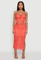Womens Textured Knit Tie Front Keyhole Crop Top, Orange,